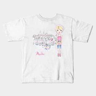 Vector hipster traveler girl on the sea beach Kids T-Shirt